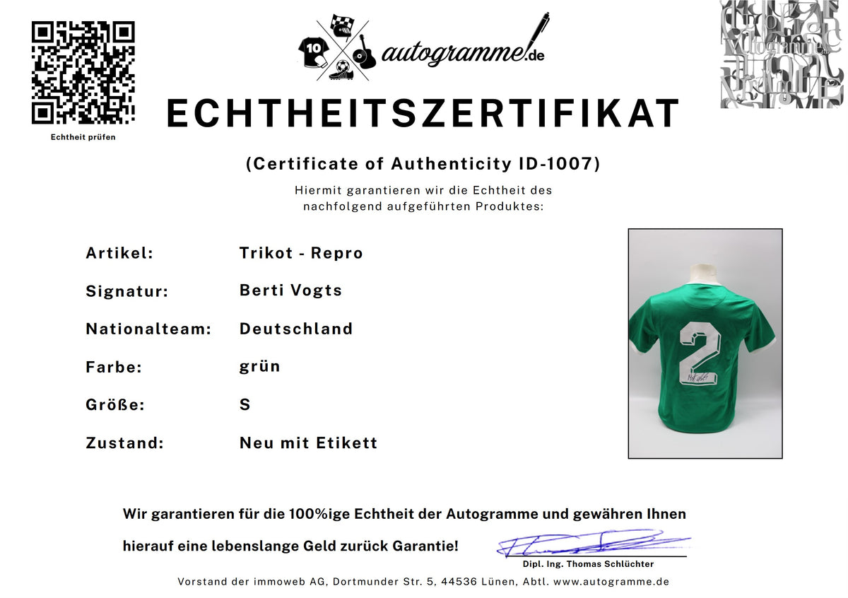 Deutschland Trikot Berti Vogts signiert Autogramm zertifiziert S