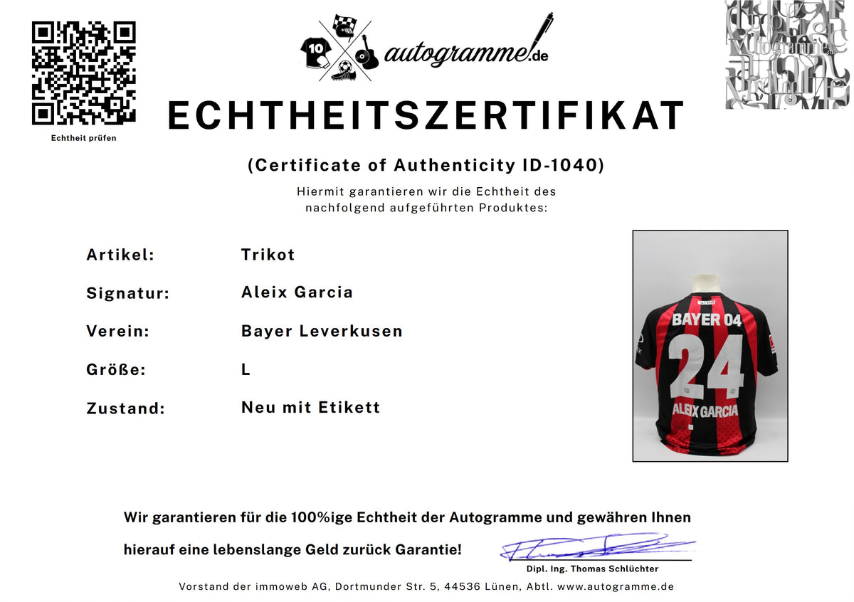 Bayer Leverkusen 2026/2027 Trikot Aleix Garcia signiert Autogramm zertifiziert L
