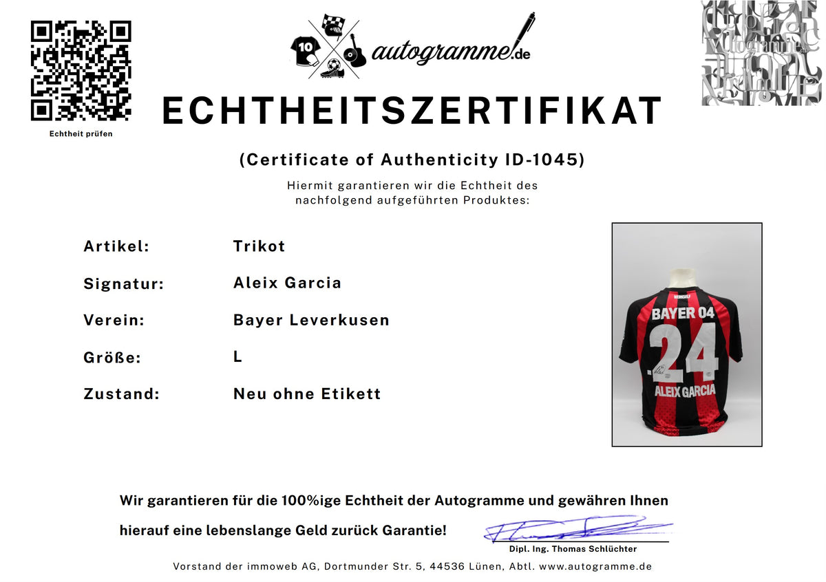 Bayer Leverkusen 2026/2027 Trikot Aleix Garcia signiert Autogramm zertifiziert L