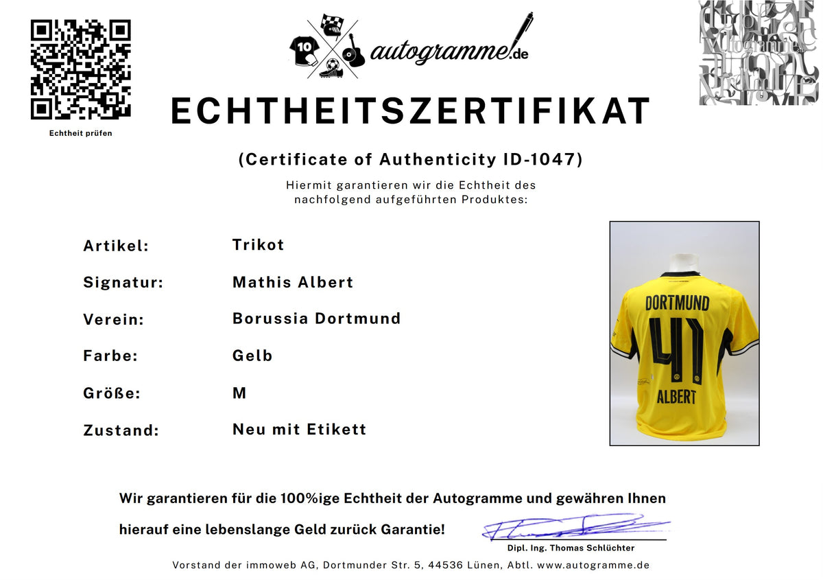 Borussia Dortmund Trikot Mathis Albert signiert Autogramm zertifiziert M