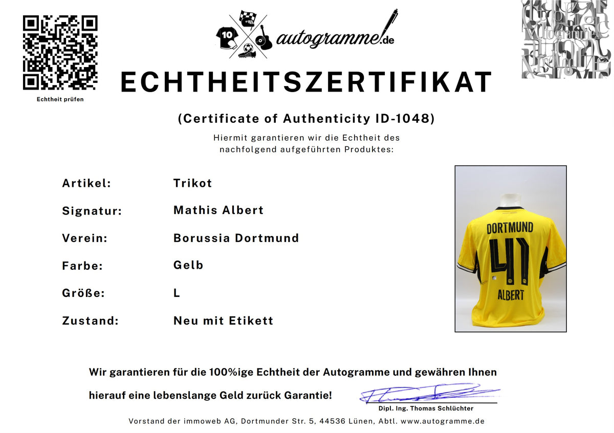 Borussia Dortmund Trikot Mathis Albert signiert Autogramm zertifiziert L