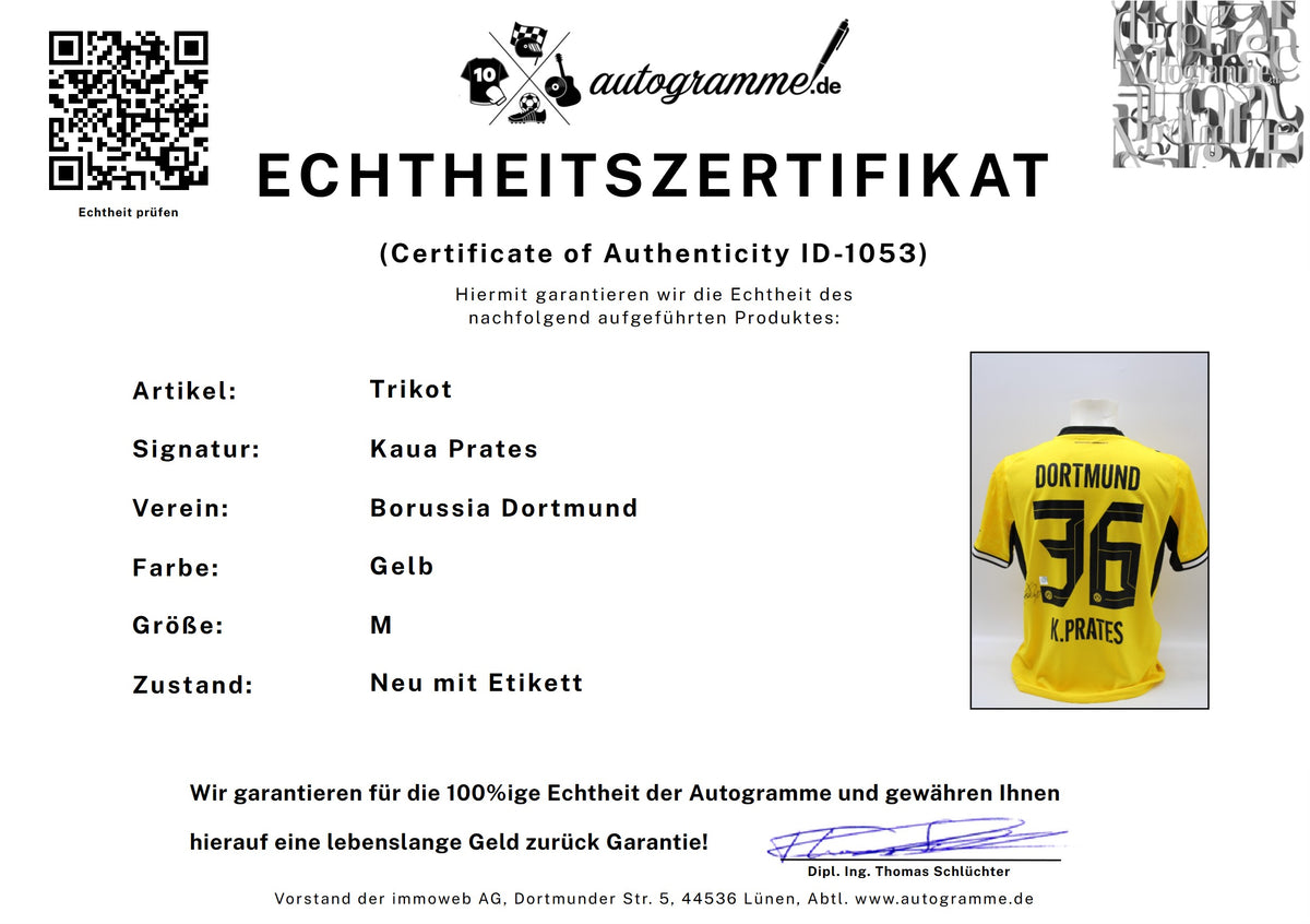 Borussia Dortmund 2026/2027 Trikot Kaua Prates signiert Autogramm zertifiziert M