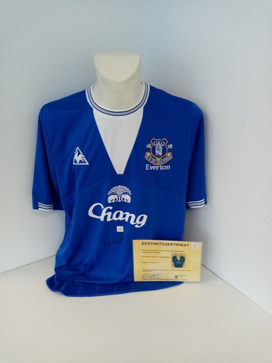 Everton Trikot Phil Neville signiert Autogramm Fußball England Le Coq Sportif XL