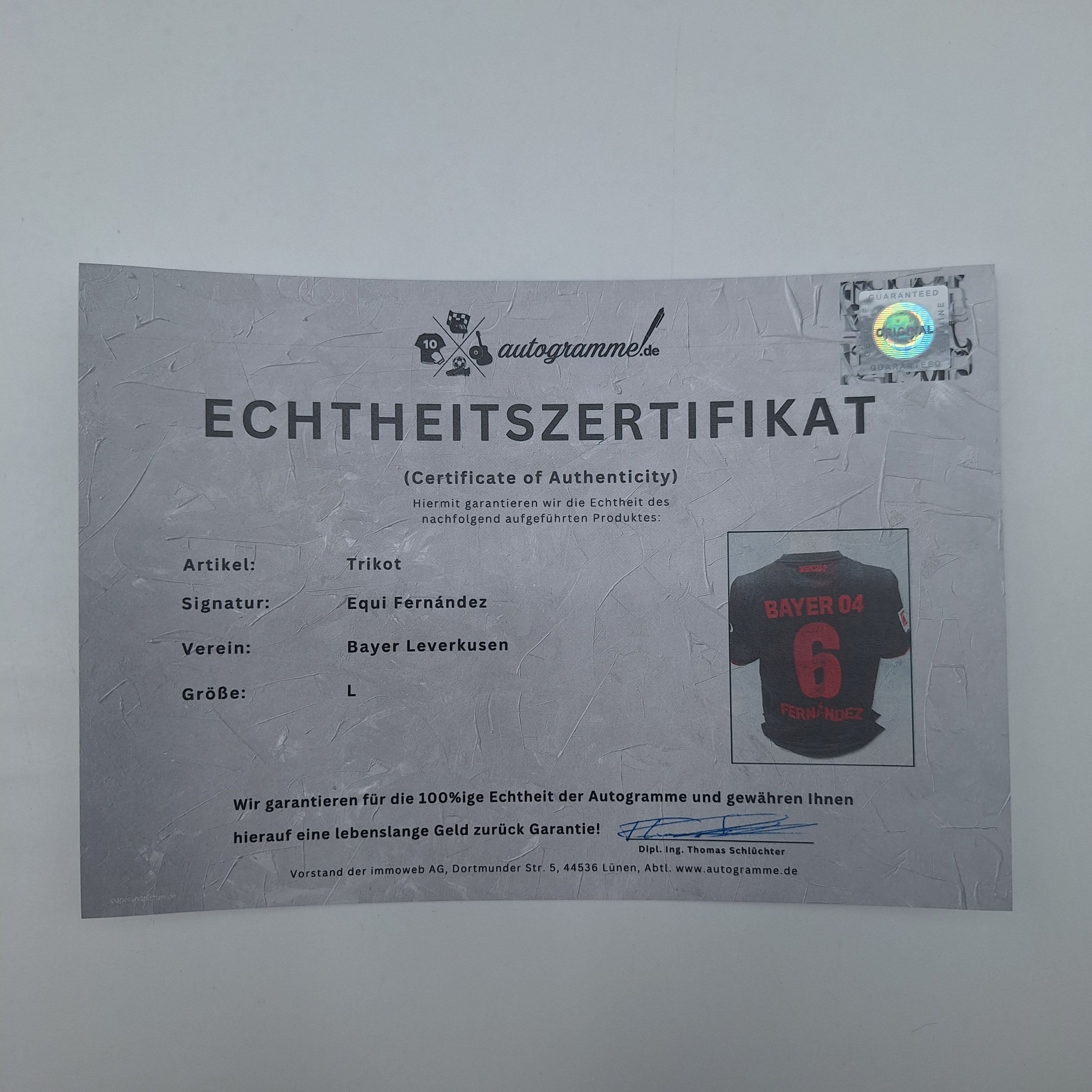 Bayer Leverkusen Trikot Equi Fernandez signiert New Balance COA Autogramm L