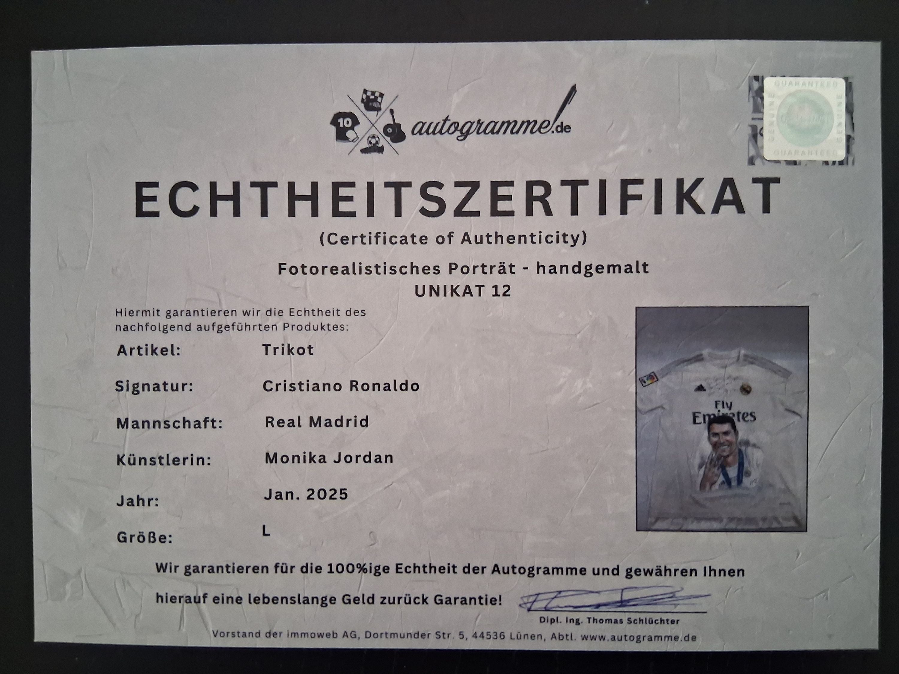 Real Madrid jersey Portrait Ronaldo hand painted and signed in the frame L