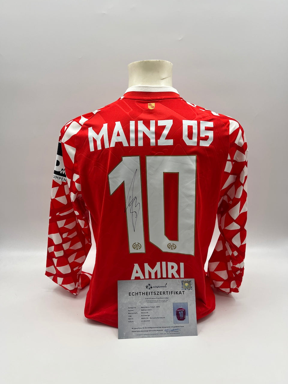 Match-worn Mainz jersey worn and signed by Nadiem Amiri on September 27, 2025