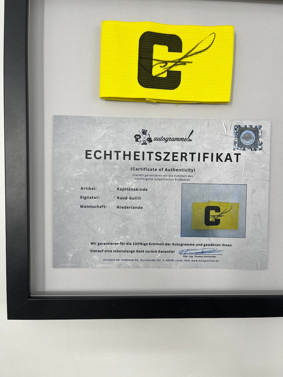 Kapitänsbinde Ruud Gullit signiert im Rahmen Niederlande COA