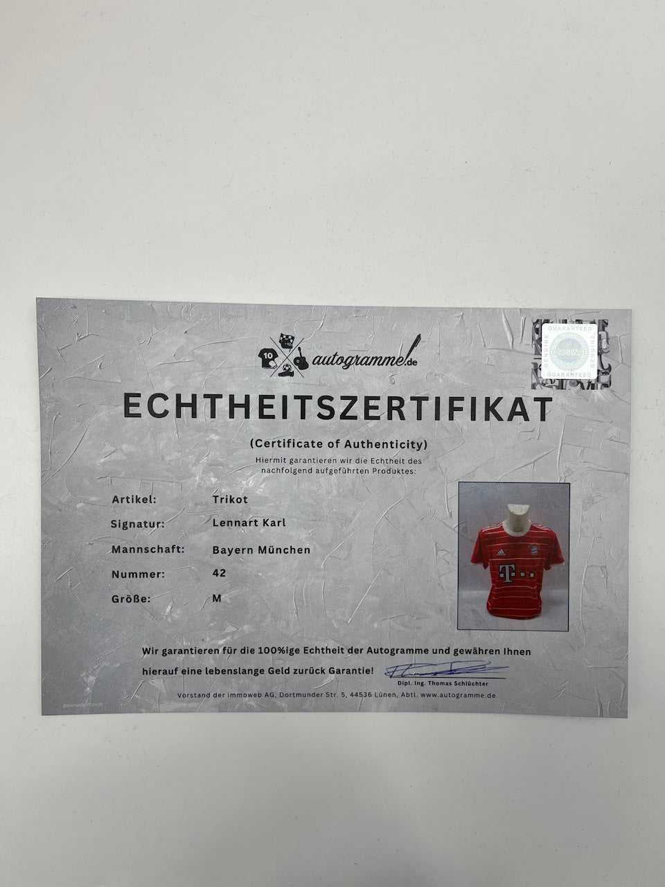 Bayern Munich jersey signed by Lennart Karl, autographed Adidas COA M