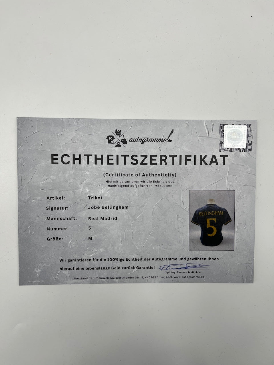 Real Madrid jersey signed by Jude Bellingham, autographed by Adidas COA M