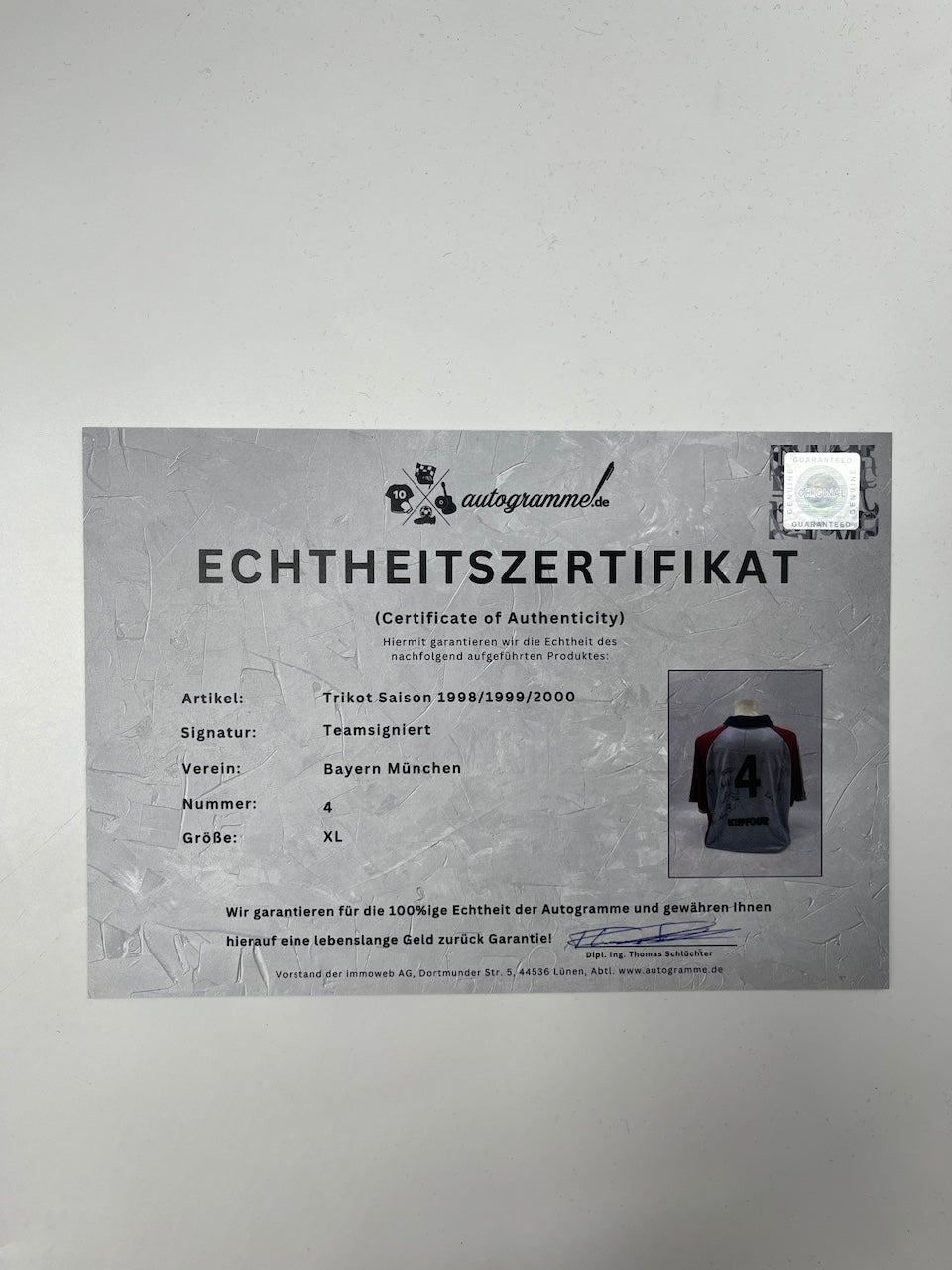 Bayern Munich jersey 1998/1999/2000, team signed, autographed, Adidas COA, XL