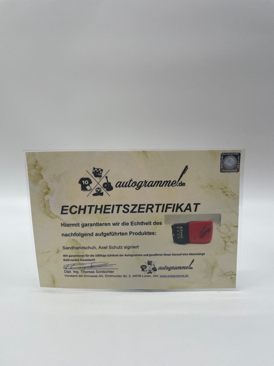 Sandbag glove axel Schulz signed autograph signature boxes new