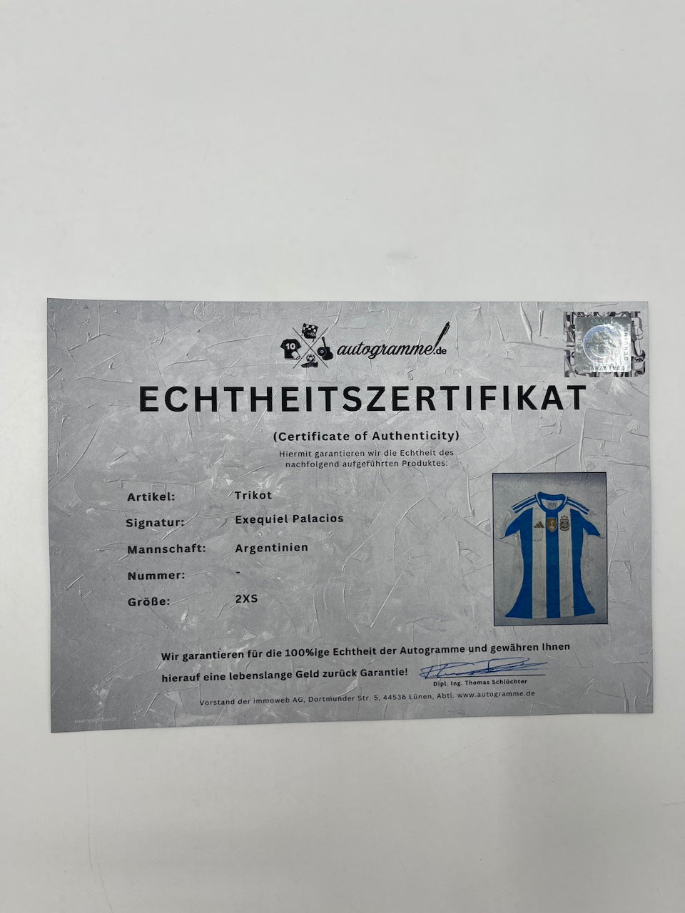 Argentinien Trikot Exequiel Palacios signiert im Rahmen COA Adidas 2XS
