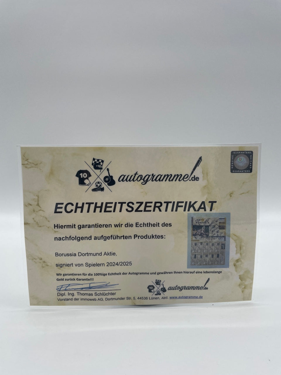 Certificado original de acciones de joyería del BVB Borussia Dortmund, firmado y enmarcado.