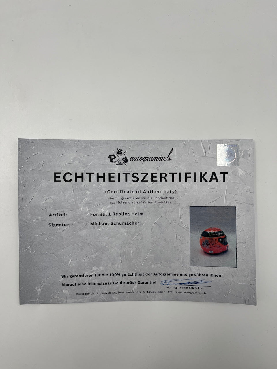 Michael Schumacher Formel 1 Helm Unterschrift und Echtheitszertifikat 1:2
