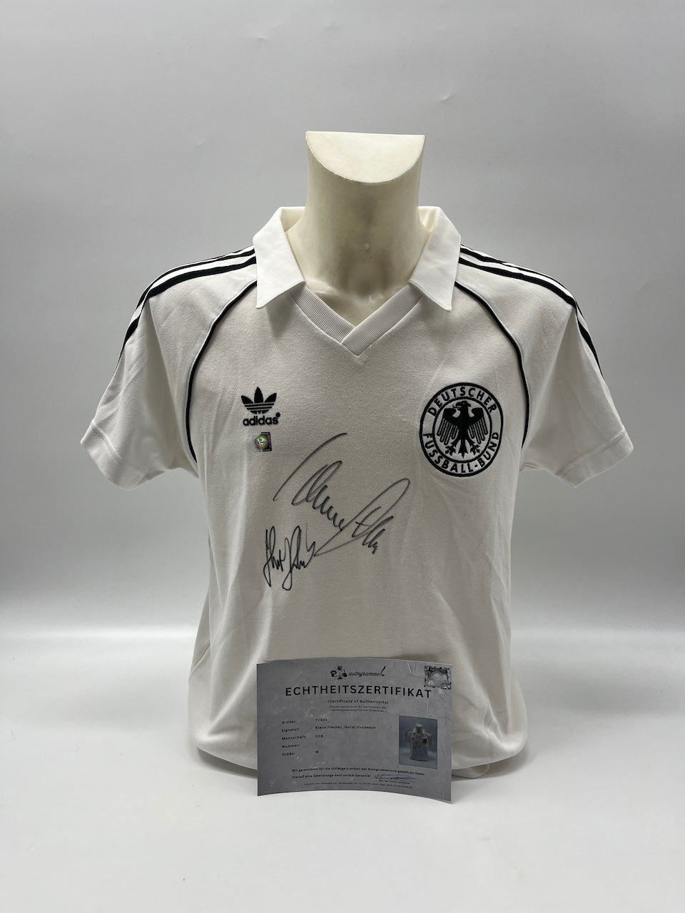DFB Repro Trikot Klaus Fischer & Horst Hrubesch signiert Adidas COA M