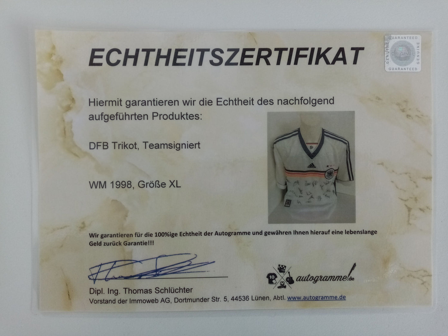 Germany jersey World Cup 1998 team signed COA autograph football DFB adidas XL