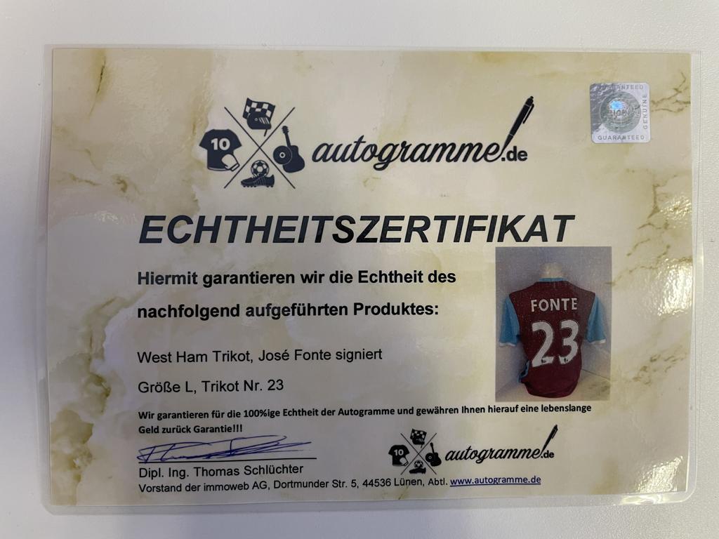 West Ham jerse Jose Fonte signed autograph soccer england umbro l