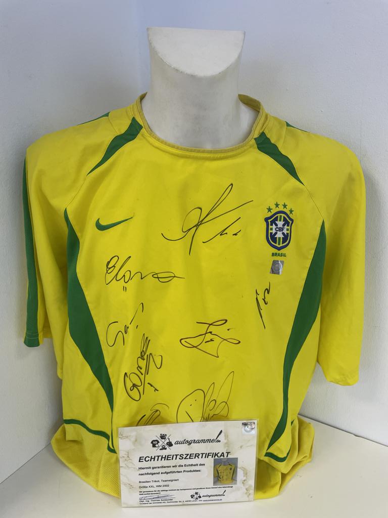 Brazil jersey World Cup 2002 team signed Coa Football Nike World Champion autograph XXL