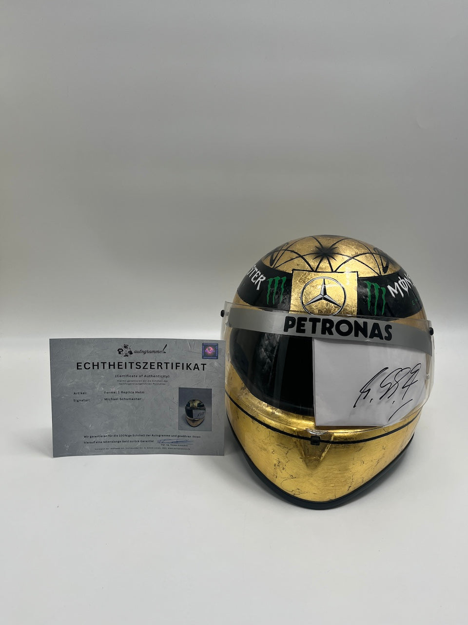Michael Schumacher Formel 1 Helm Gold Unterschrift und Echtheitszertifikat 1:1