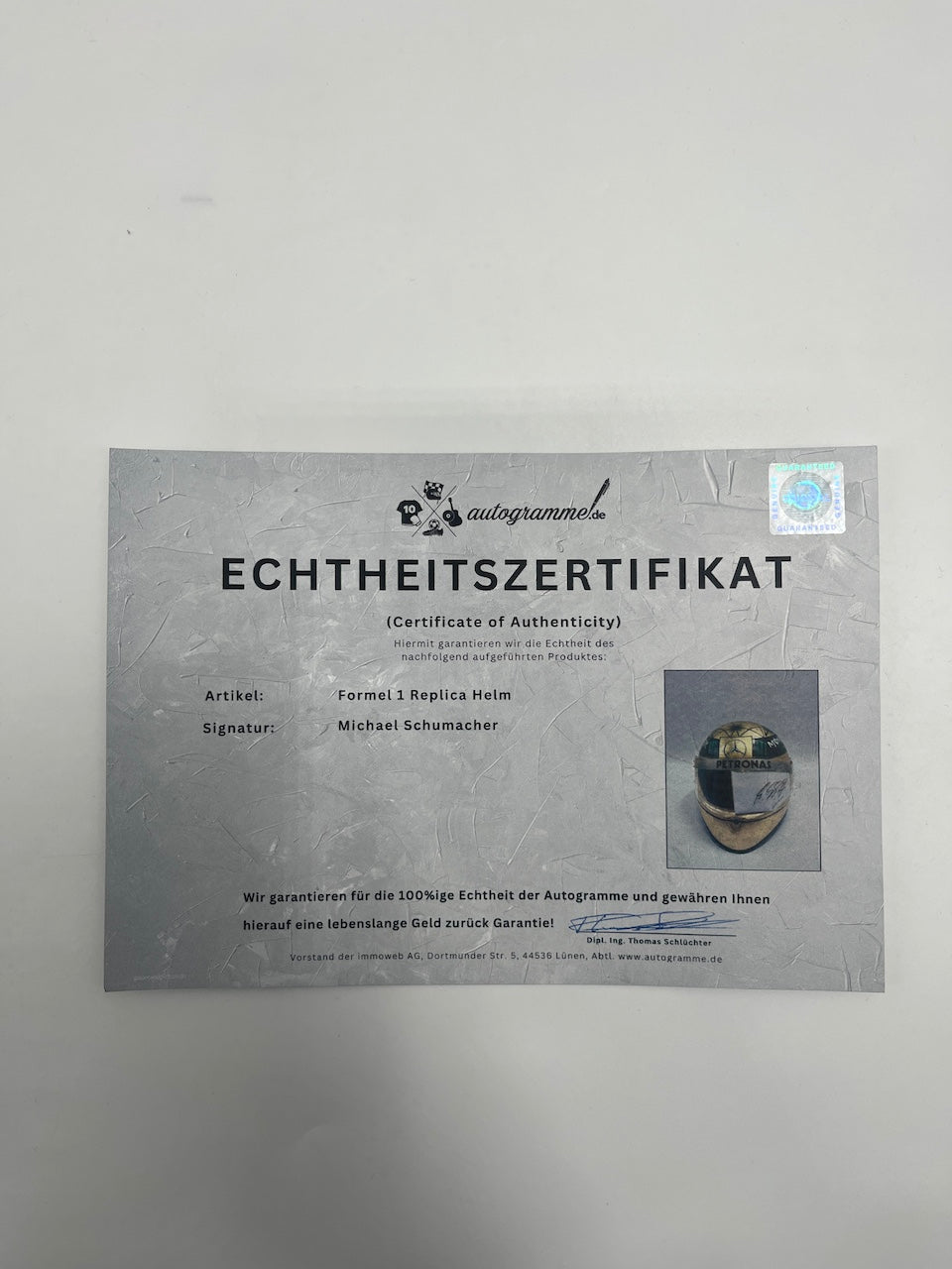 Michael Schumacher Formel 1 Helm Gold Unterschrift und Echtheitszertifikat 1:1