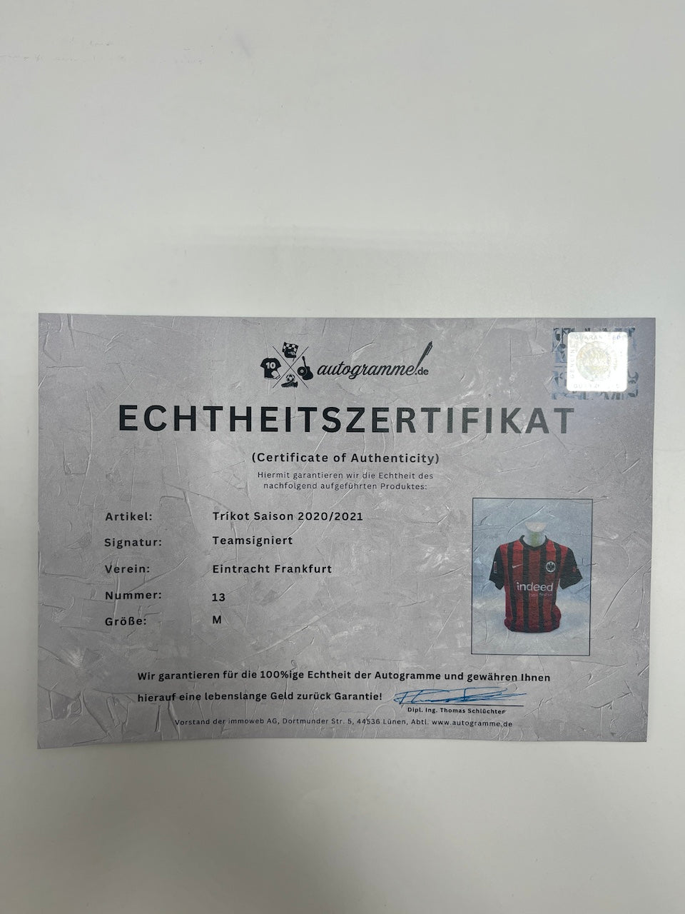 Eintracht Frankfurt Trikot 2020/2021 Teamsigniert COA Bundesliga M