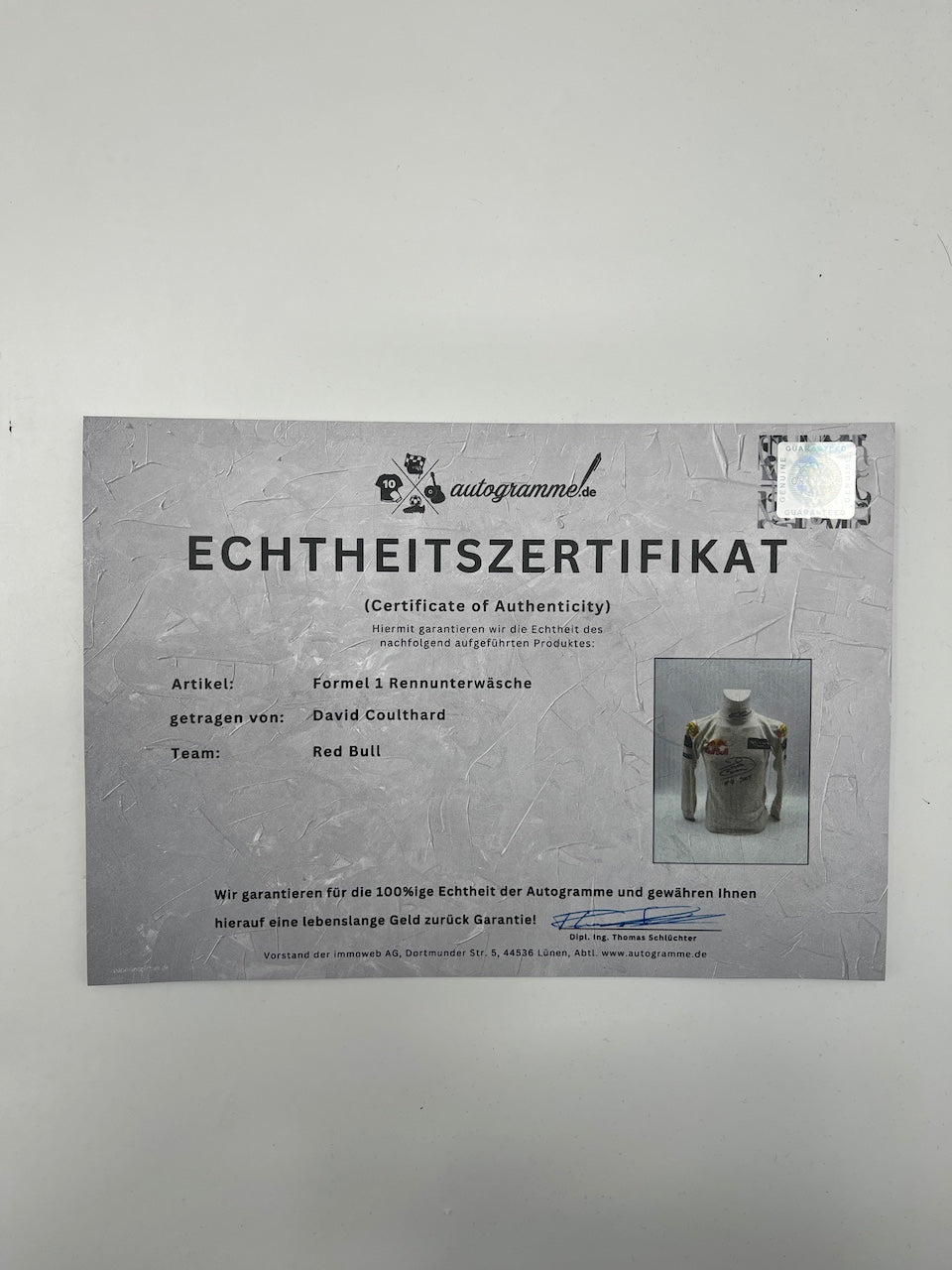 David Coulthard Formel 1 getragen und signierte Rennunterwäsche Nomex COA