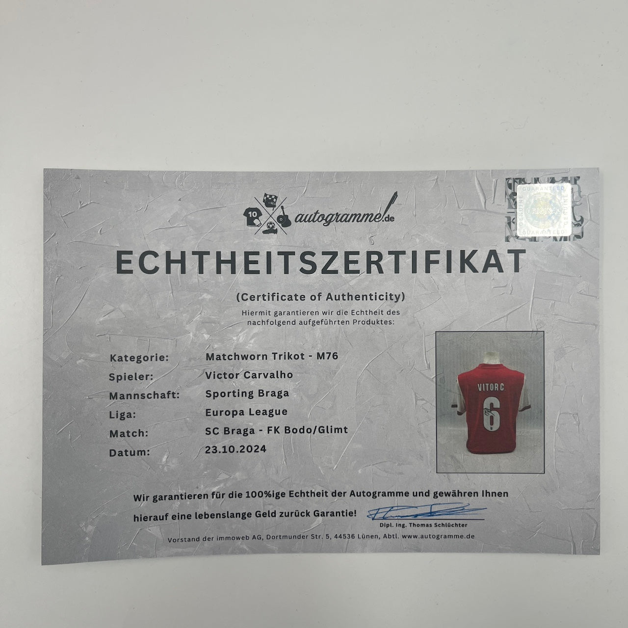 Matchworn SC Braga Trikot getragen & signiert von Vitor Carvalho 23.10.2024