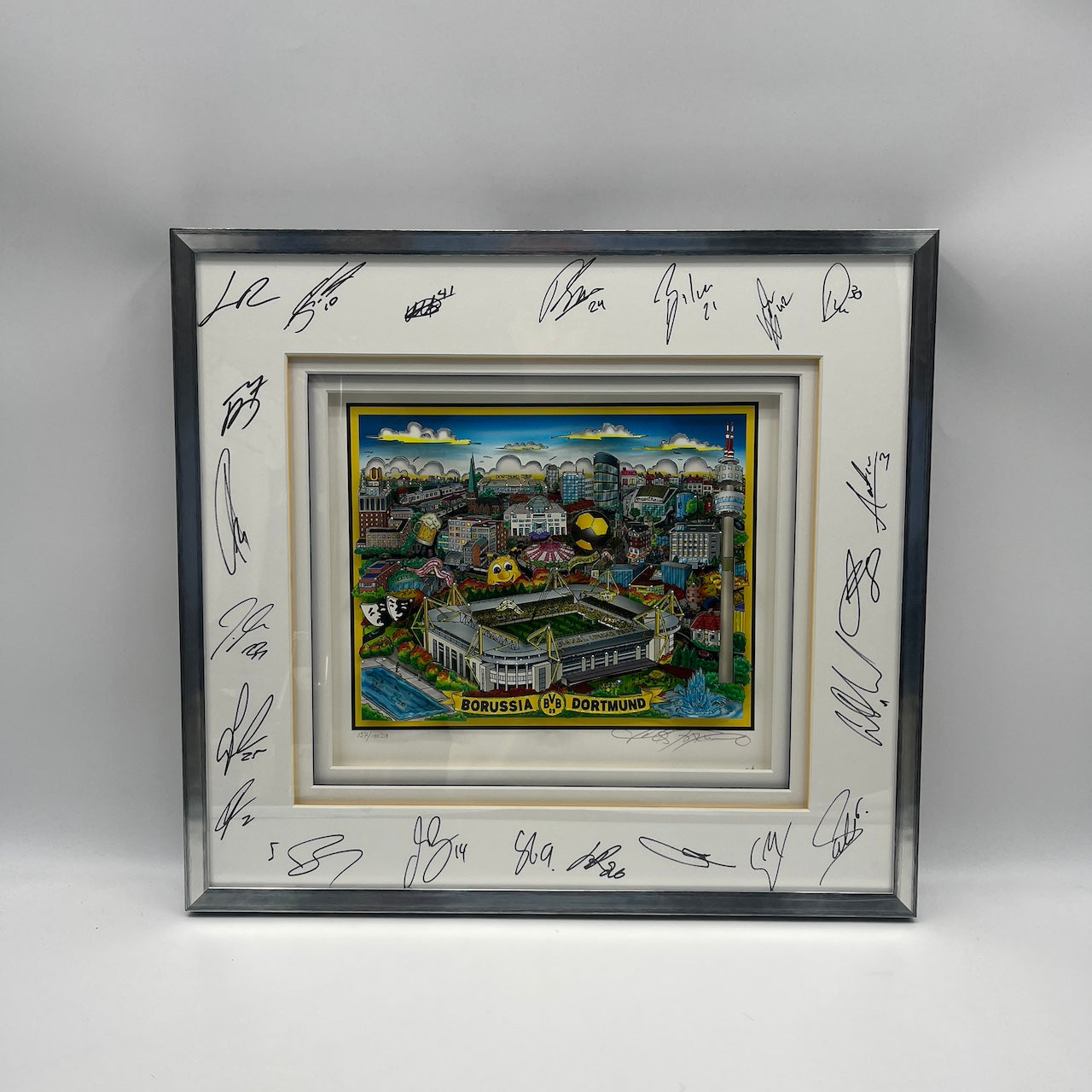 Charles Fazzino 3-D "Borussia Dortmund" Kunstwerk Teamsigniert BVB im Rahmen