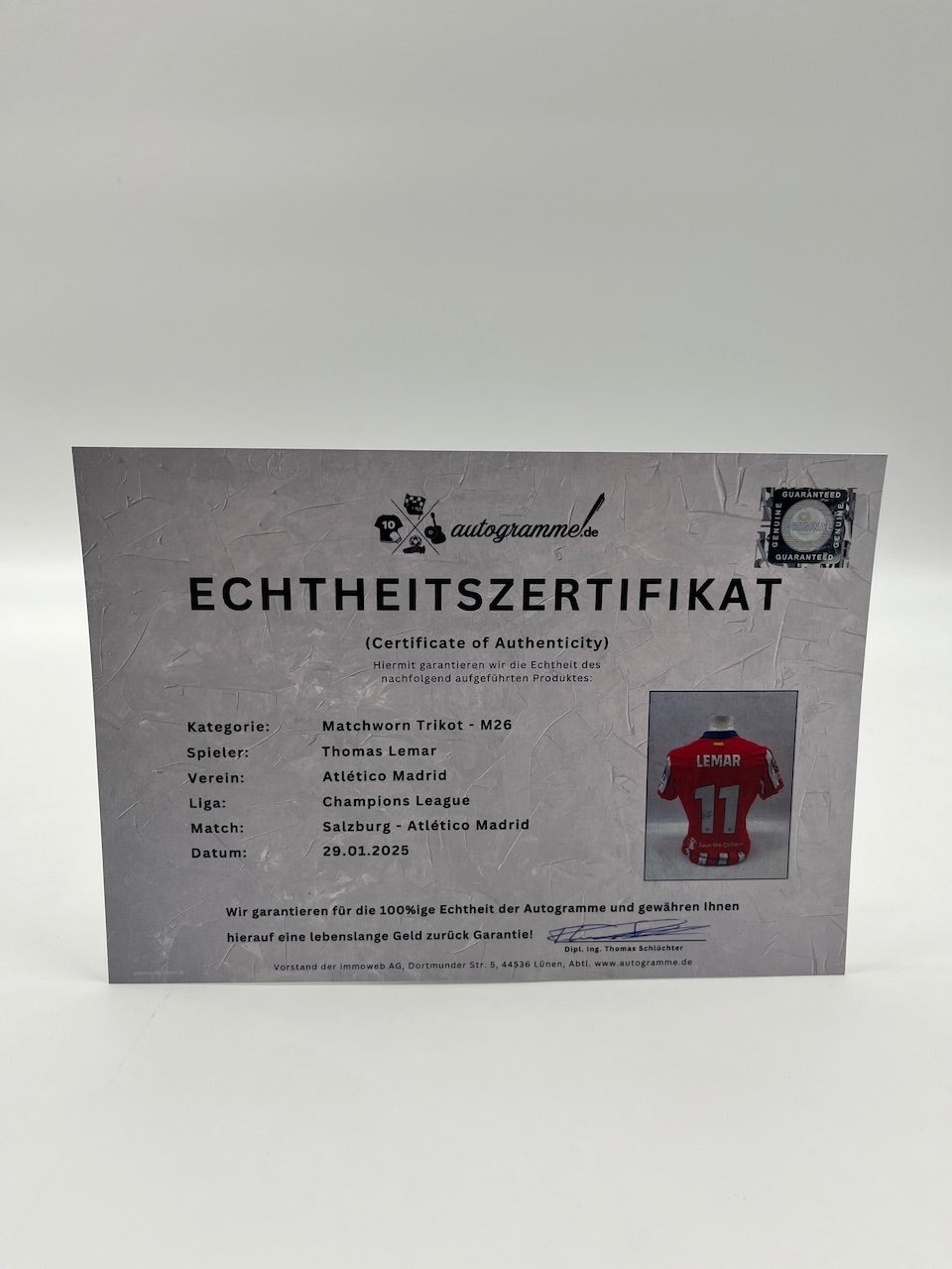 Matchworn Atletico Madrid Worn & Signed by Thomas Lemar 29.01.25