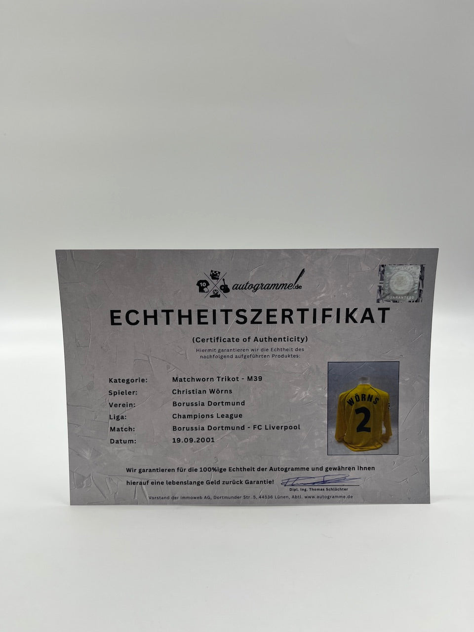 Matchworn Dortmund Trikot getragen von Christian Wörns 19.09.2001 BVB