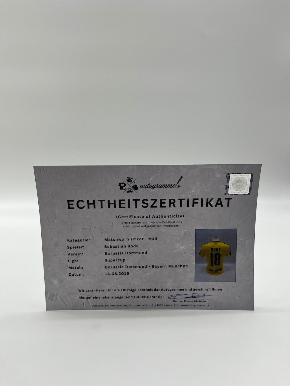 Matchworn Dortmund jersey worn by Sebastian Rode 14.08.2016 BVB-FCB