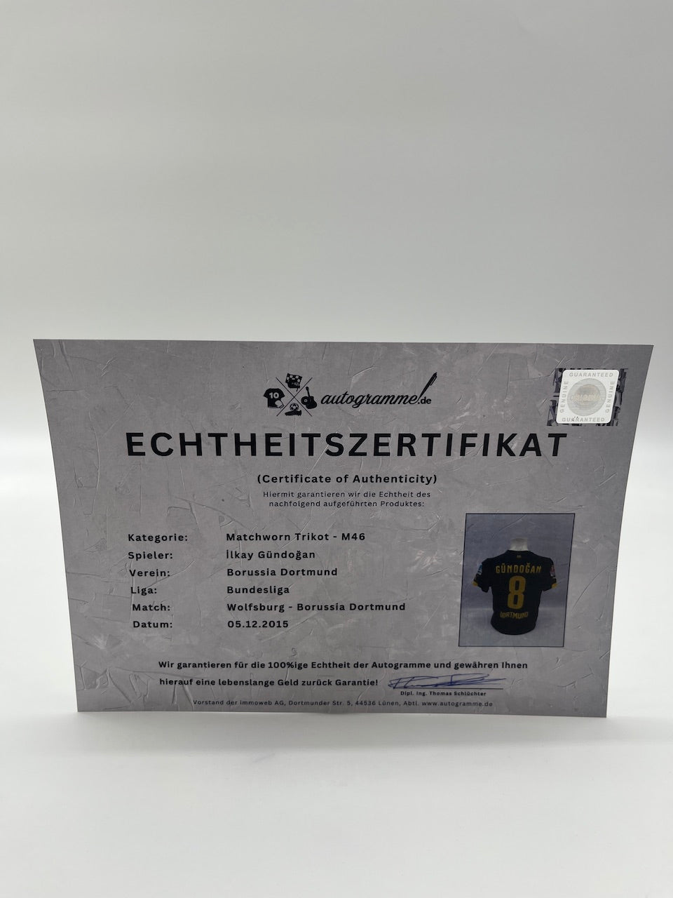 Matchworn Dortmund jersey worn by Ilkay Gündogan 05.12.2015 Wolfsburg-BVB