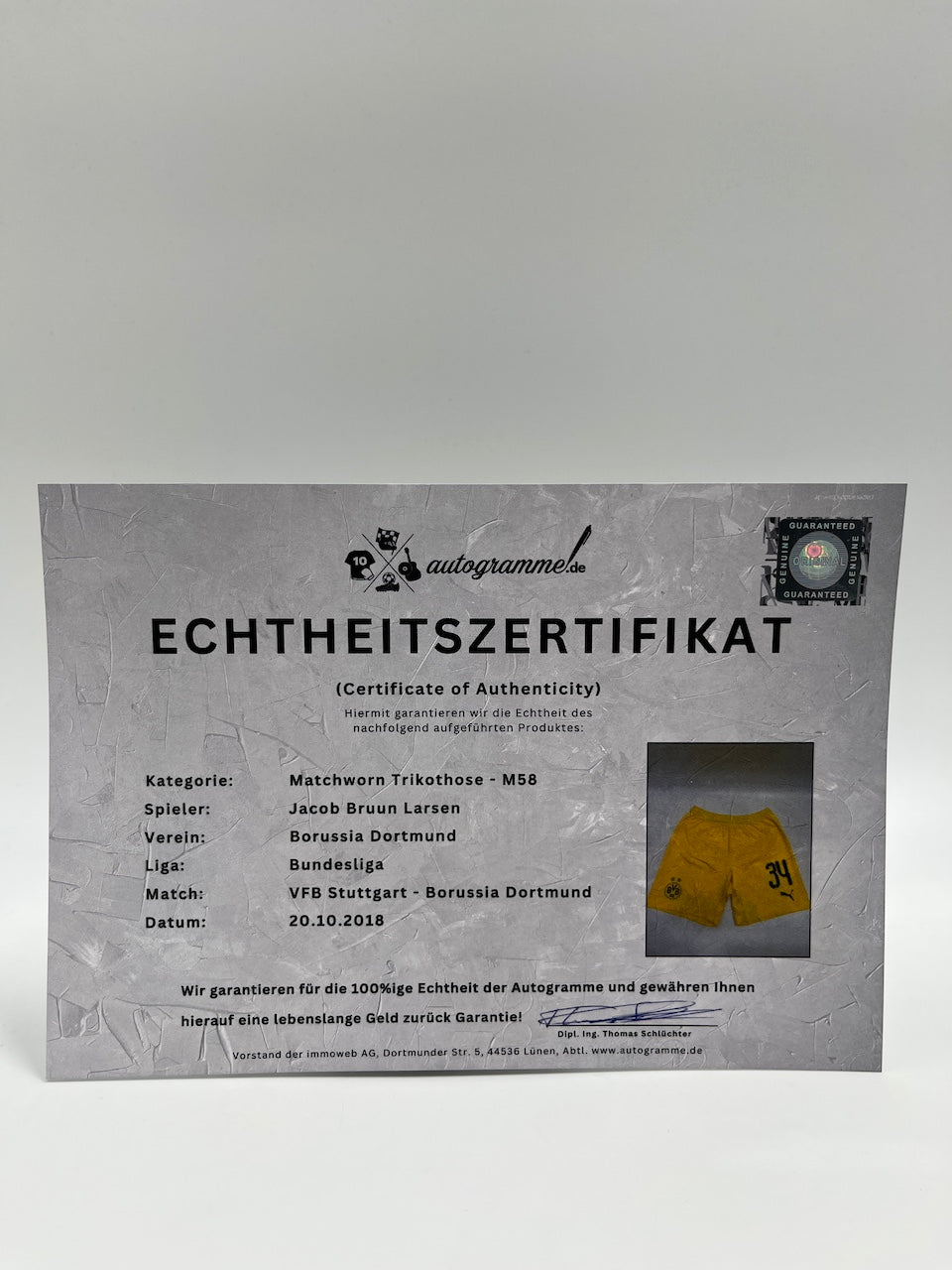 Matchworn Dortmund Trikothose worn by Jacob Bruun Larsen 20.10.2018