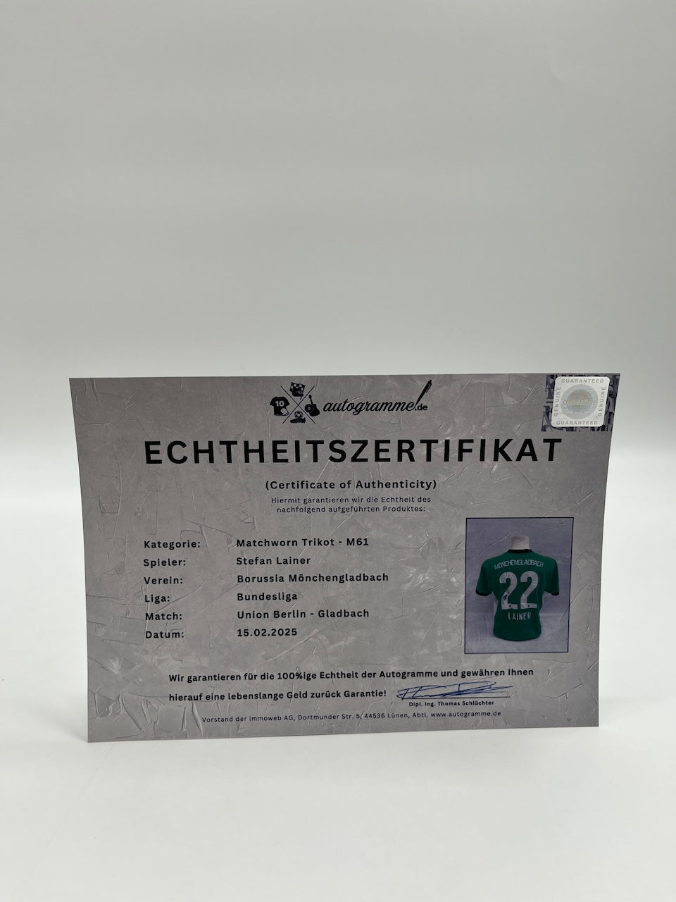 Matchworn Gladbach jersey worn & signed by Stefan Lainer 15.02.2025