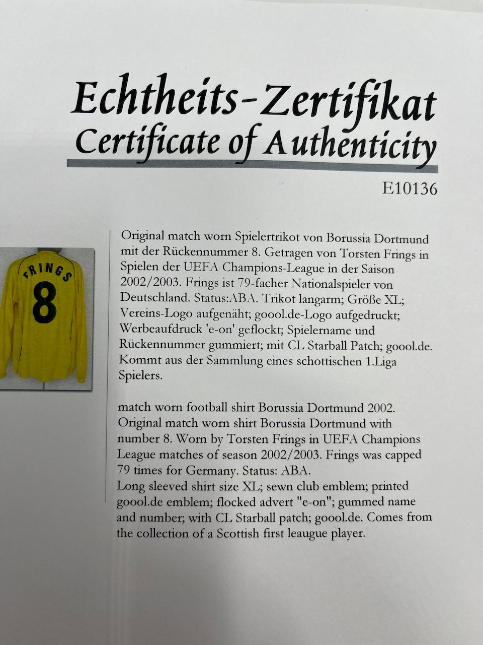 Matchworn Dortmund jersey worn by Torsten Frings 2002/2003 UEFA CL