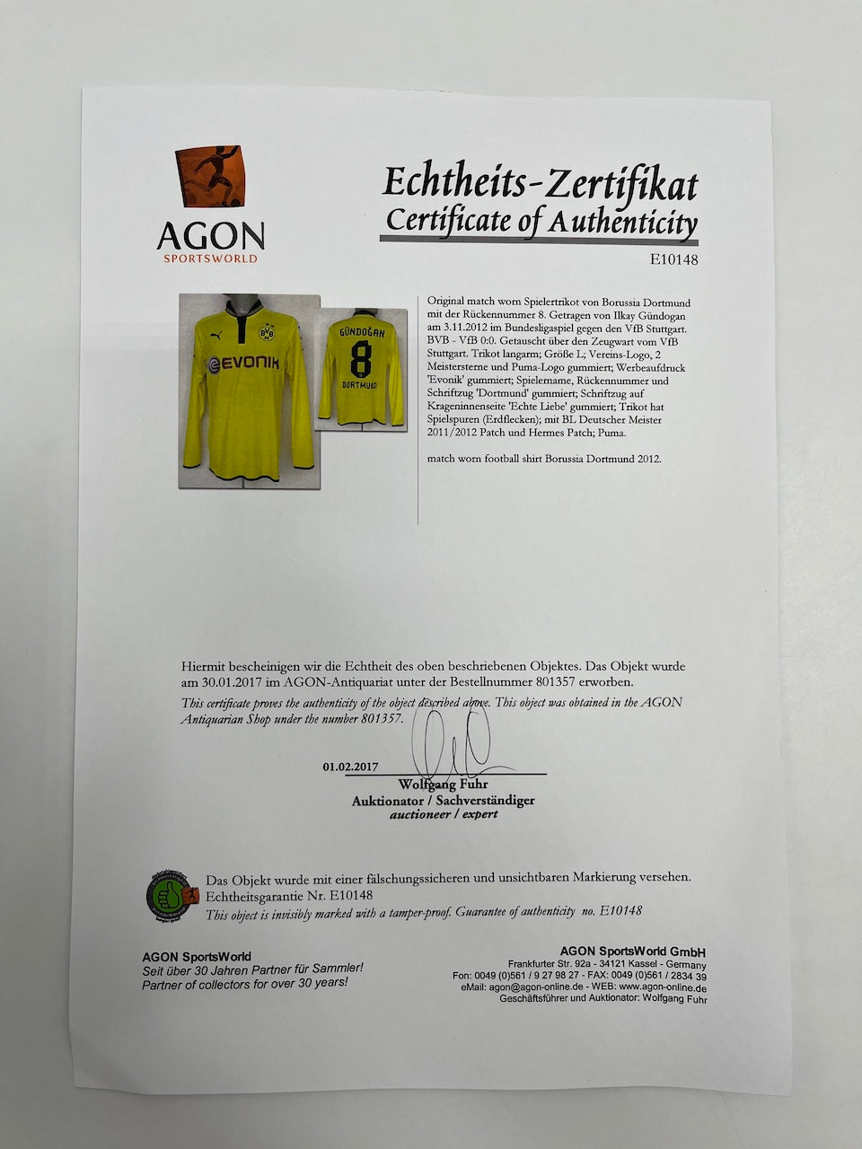 Matchworn Dortmund Trikot getragen von Ilkay Gündogan 03.11.2012 BVB-VFB