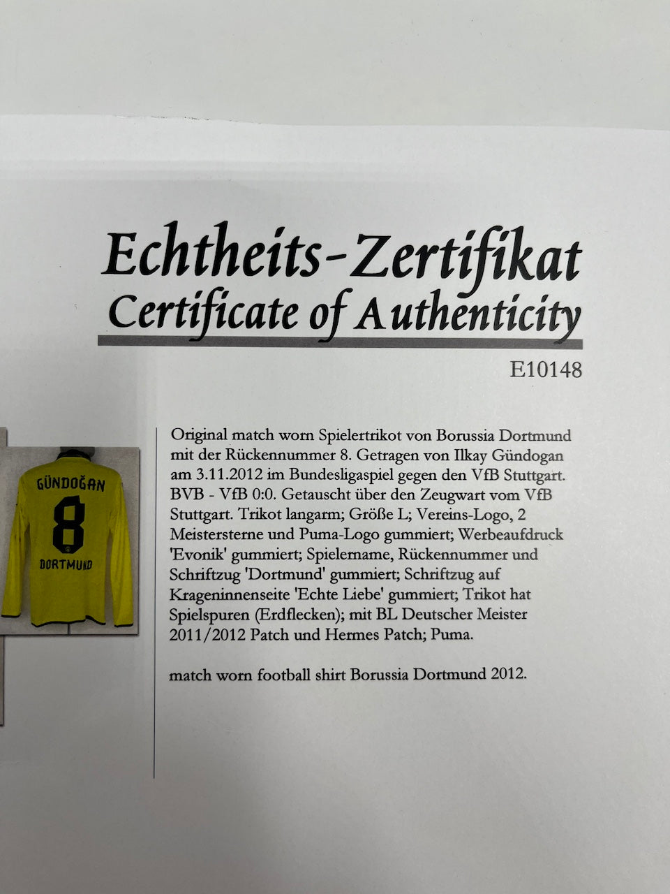 Matchworn Dortmund Trikot getragen von Ilkay Gündogan 03.11.2012 BVB-VFB