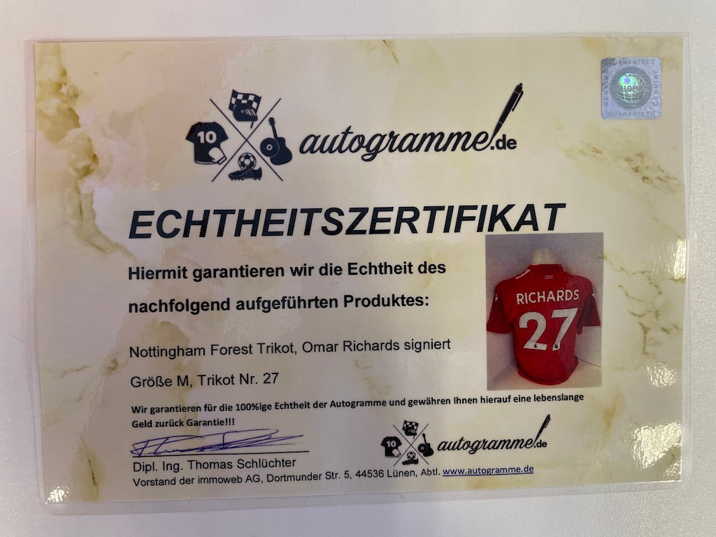 Nottingham Forest Trikot Omar Richards signed autograph soccer england coa m