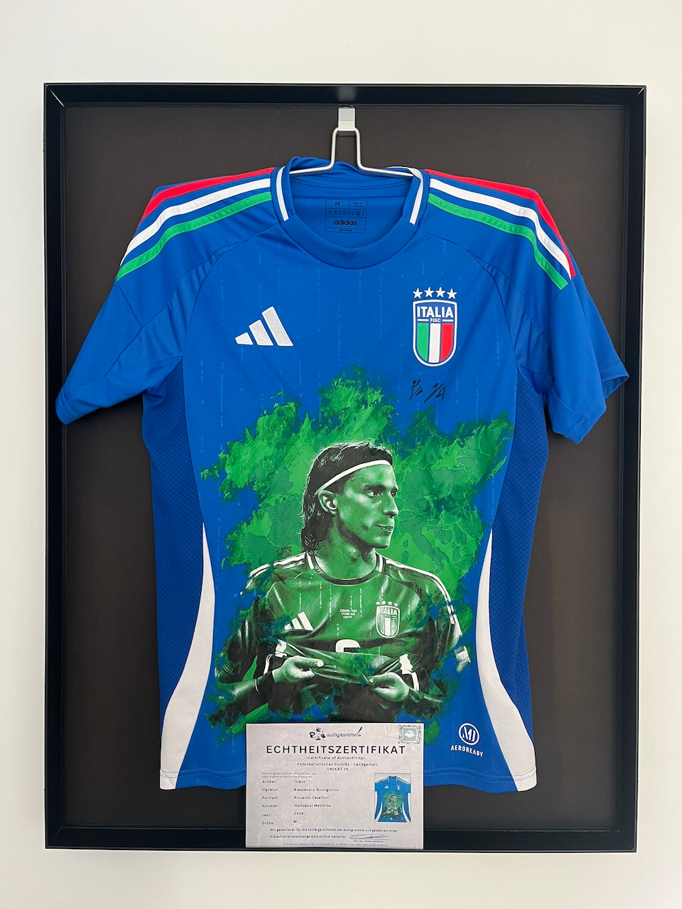 Italy jersey portrait calafiori hand painted and adidas signed by Buongiorno