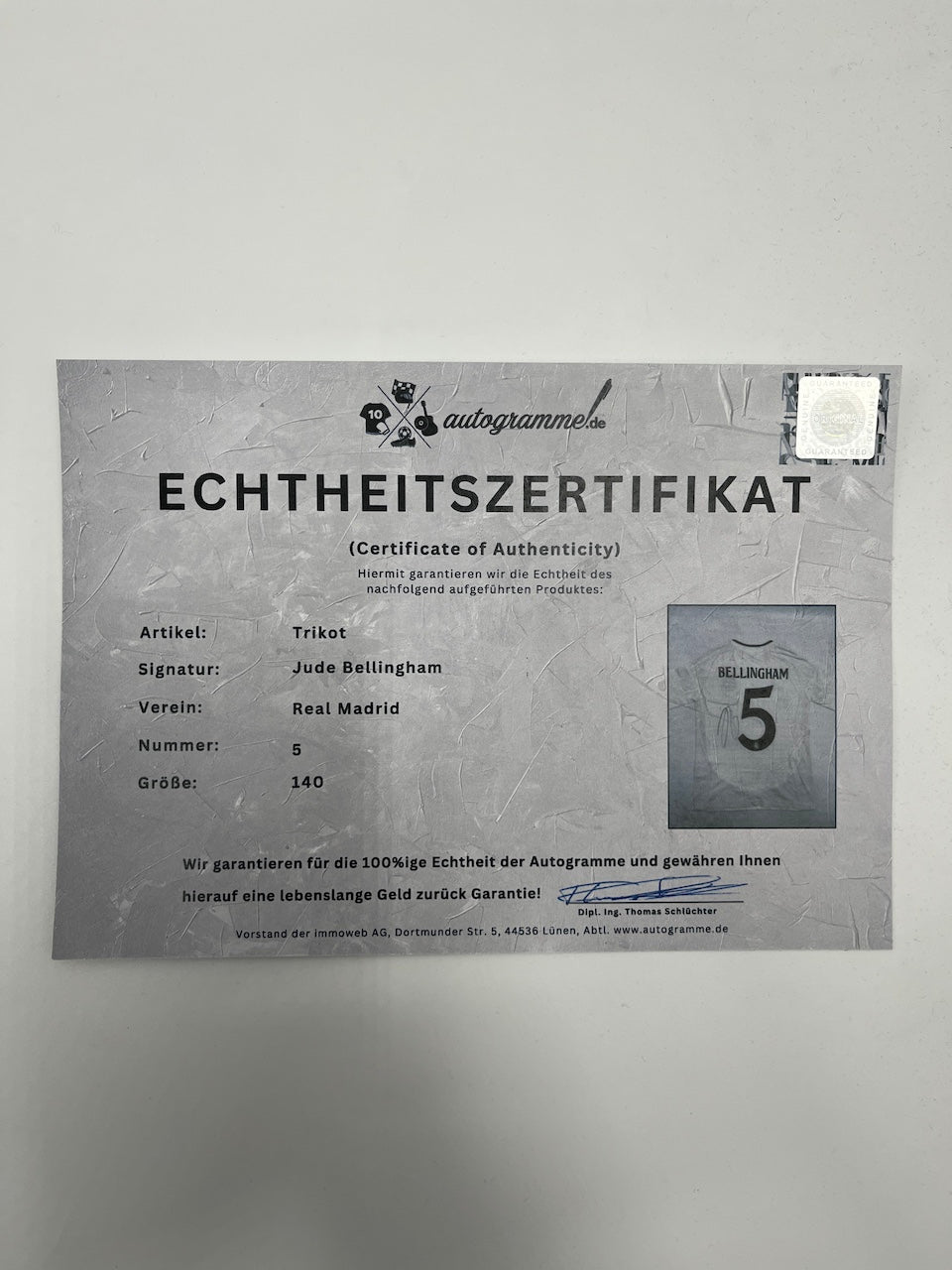 Real Madrid Trikot Jude Bellingham signiert im Rahmen COA Adidas Fußball 140