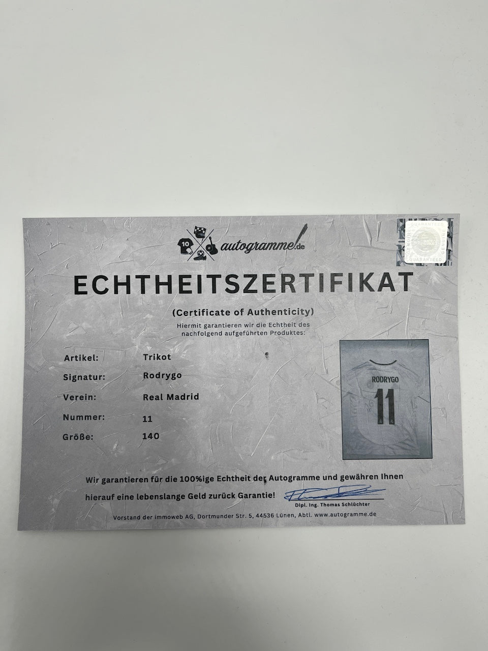 Real Madrid Trikot Rodrygo signed Coa Adidas Football 140 as part of COA Adidas