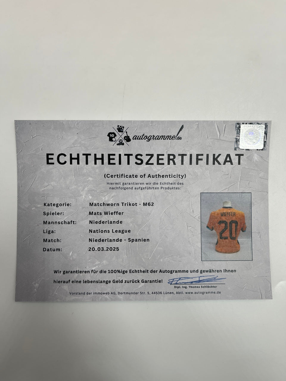 Matchworn Netherlands Worn and signed by Mats Wieffer 20.03.2025