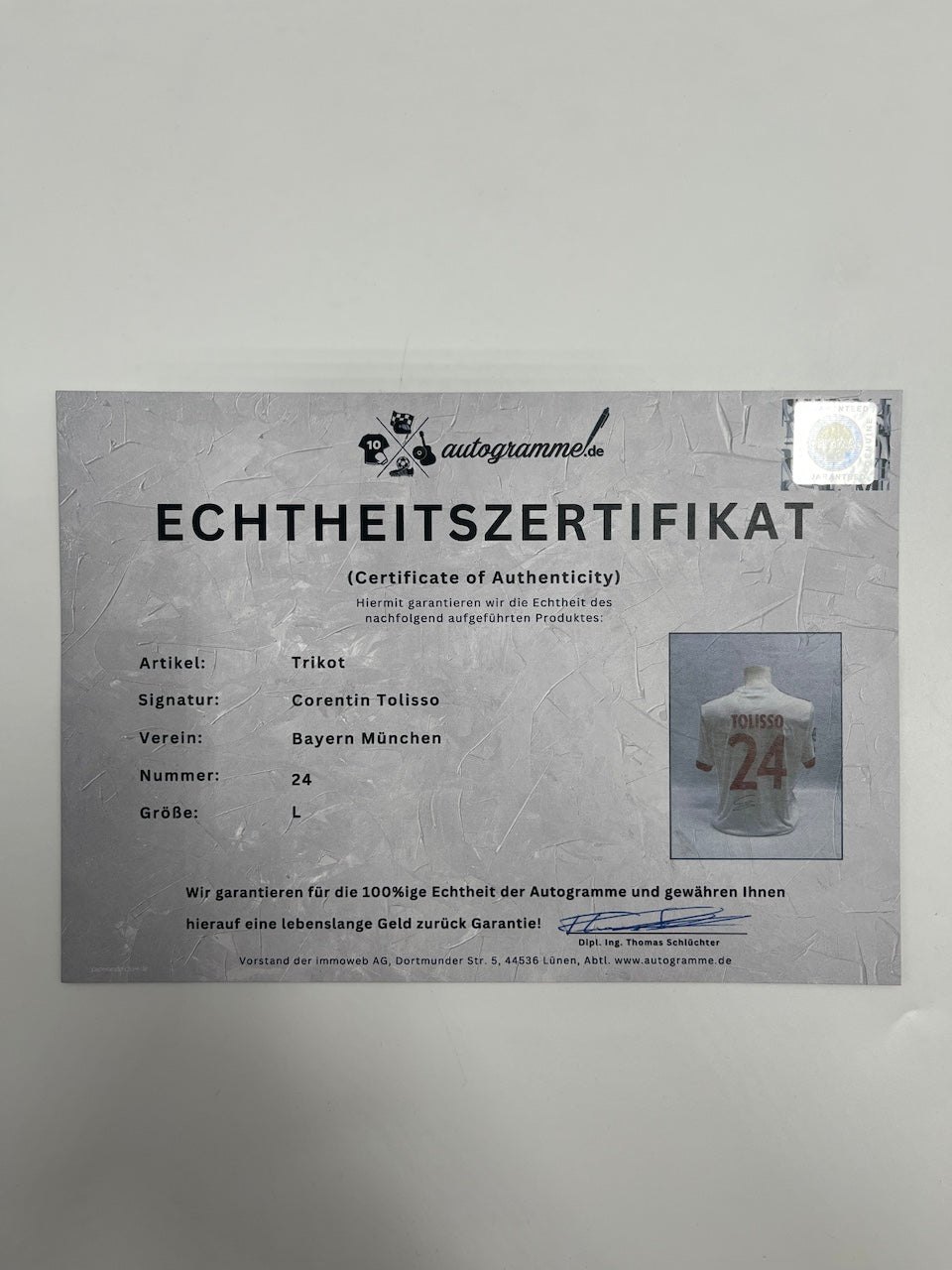 Bayern Munich jersey signed by Corentin Tolisso, Adidas COA signature, size L