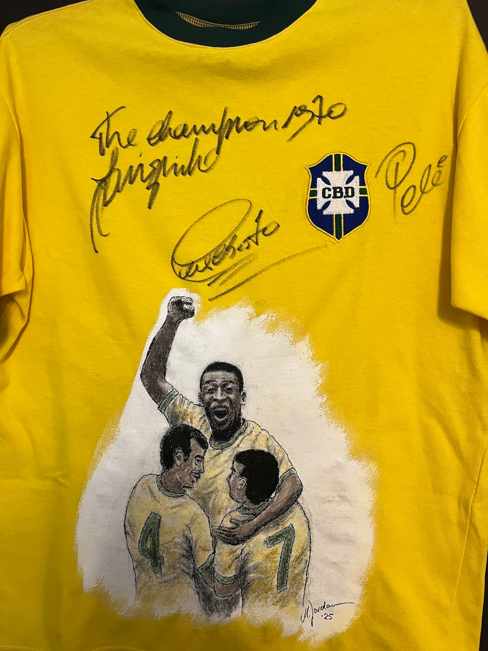Brazil Repro Jersey Portraits of Pele, Jairzinho, and Alberto, hand-painted and signed