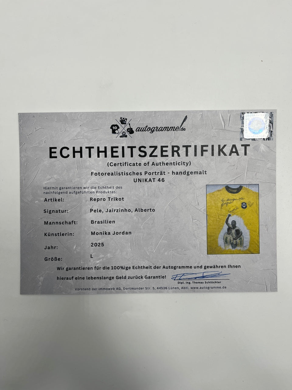 Brazil Repro Jersey Portraits of Pele, Jairzinho, and Alberto, hand-painted and signed