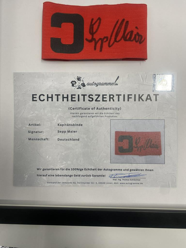 Captain's armband signed by Sepp Maier as part of the DFB Football COA autograph