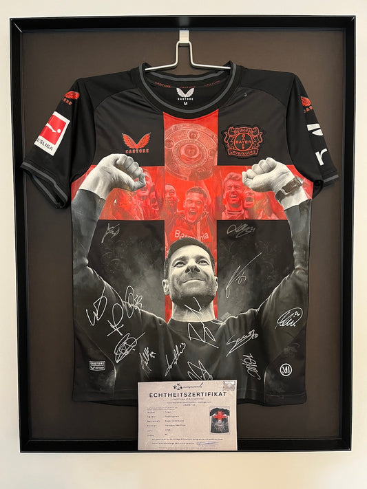 Leverkusen Trikot Portrait Xabi Alonso und Team handgemalt und teamsigniert M