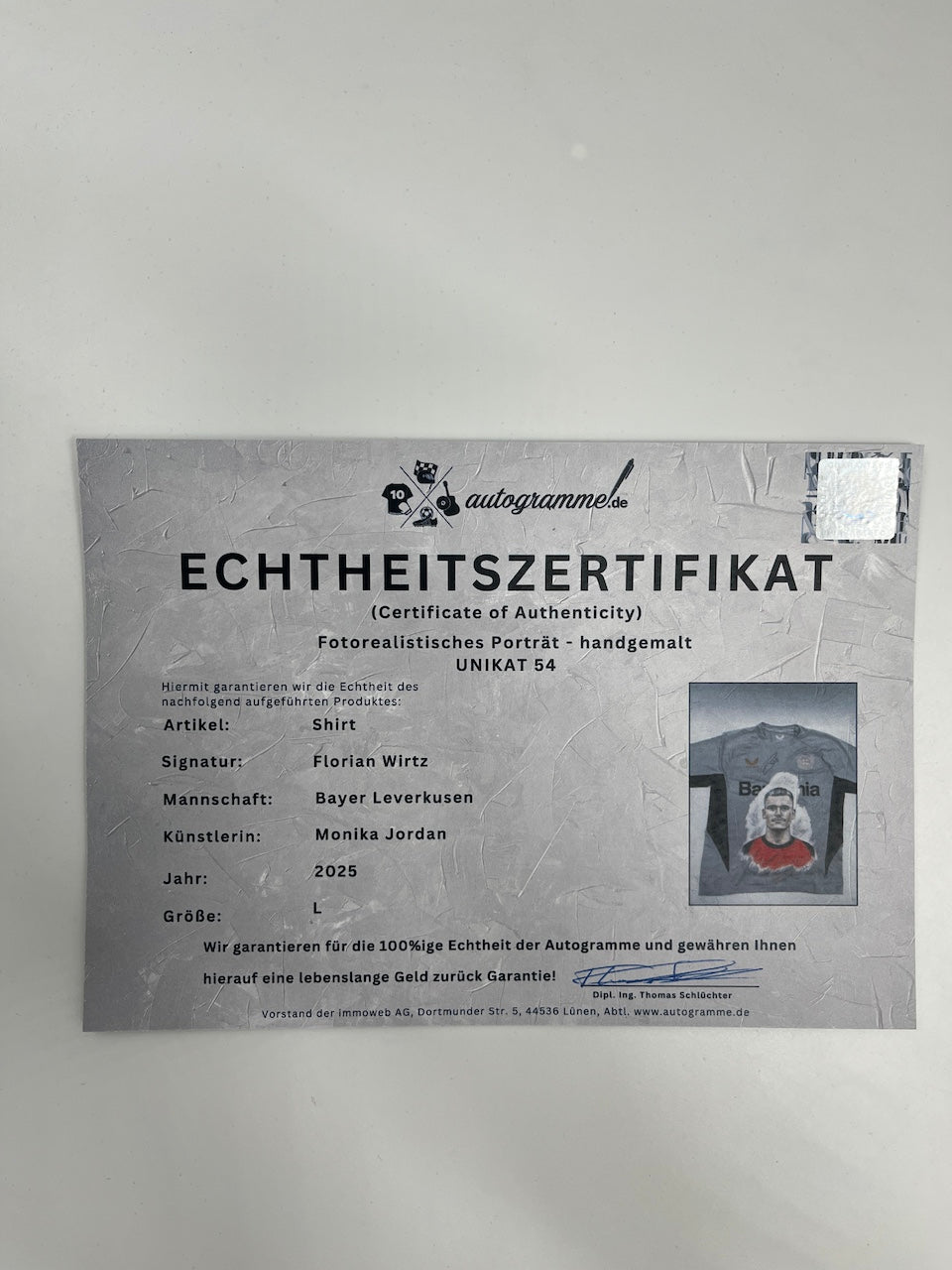 Leverkusen Shirt Portrait Florian Wirtz hand-painted and signed Castore L