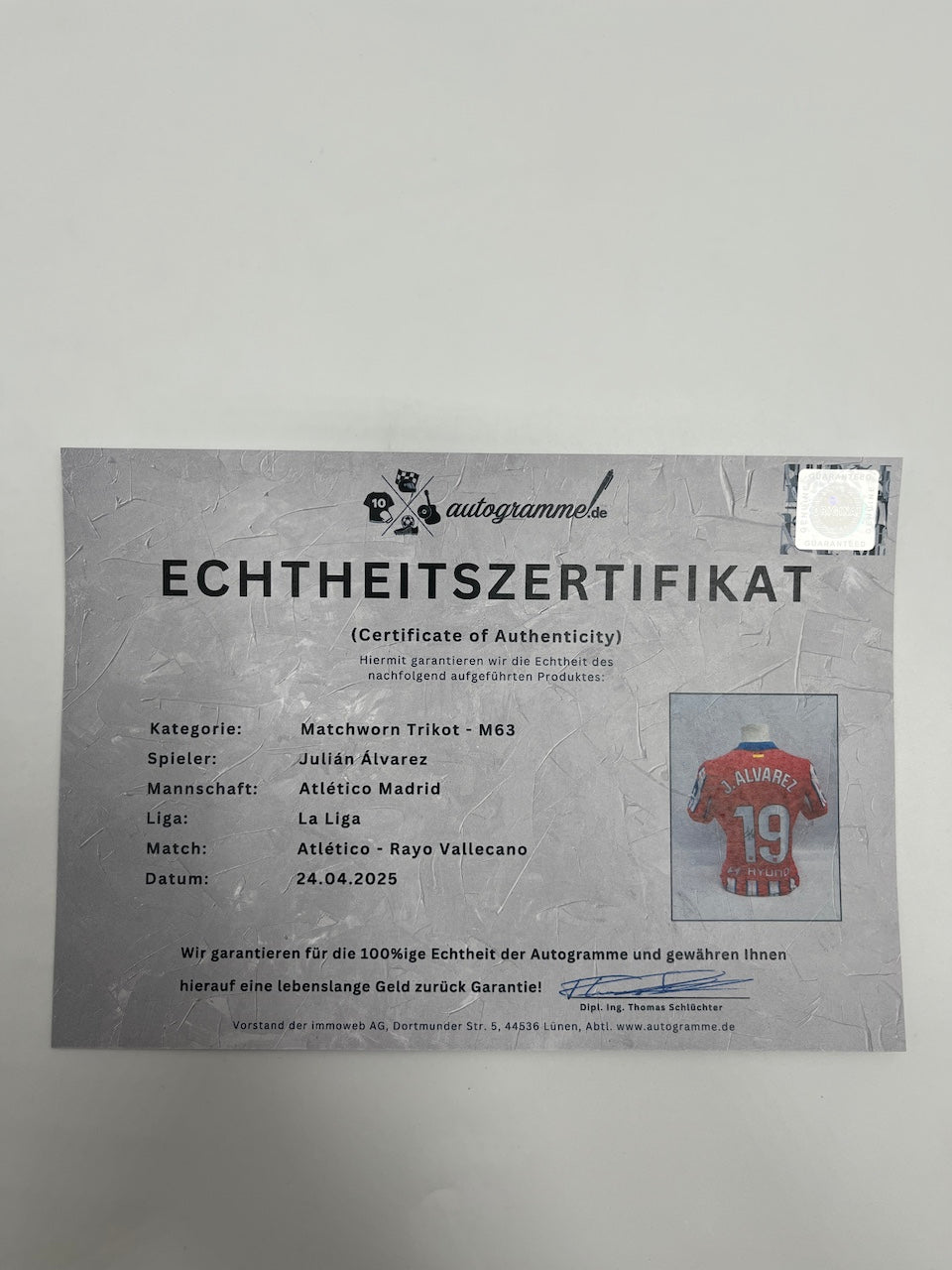 Match-worn Atletico Madrid jersey worn and signed by Julian Alvarez on April 24, 2025