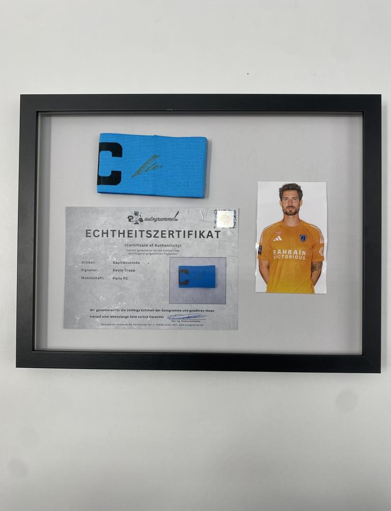 Captain's armband signed by Kevin Trapp in a Paris FC autograph COA frame